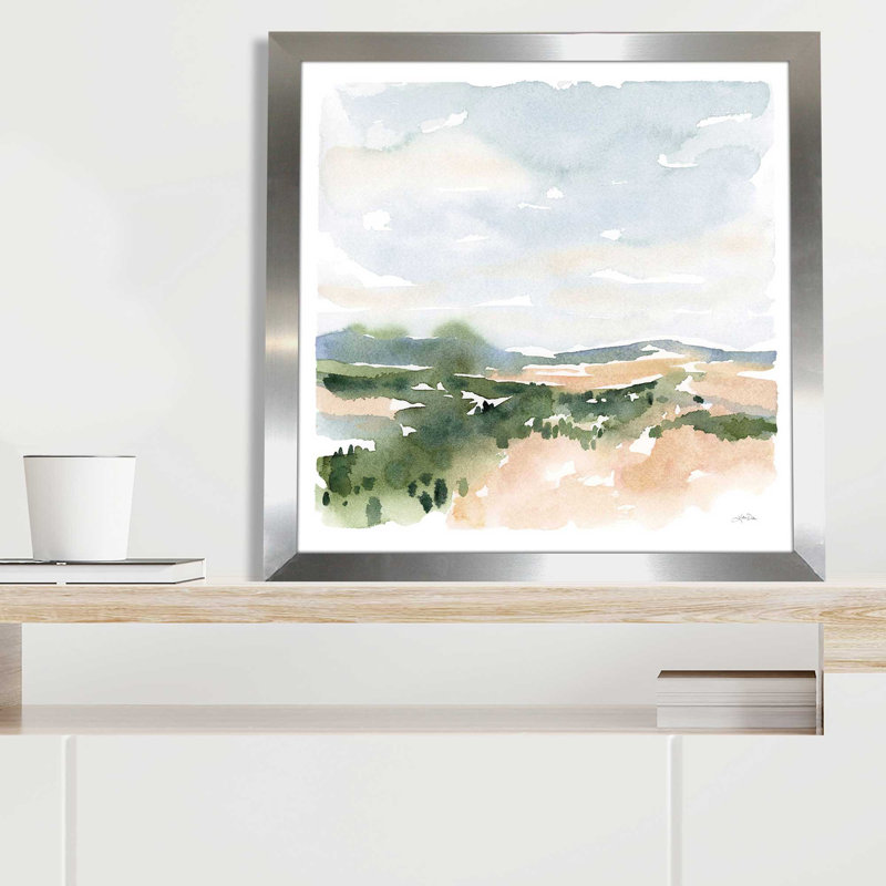 Paysage doux II - peinture, L 31,5 po x H 31,5 po, Encadrement argenté