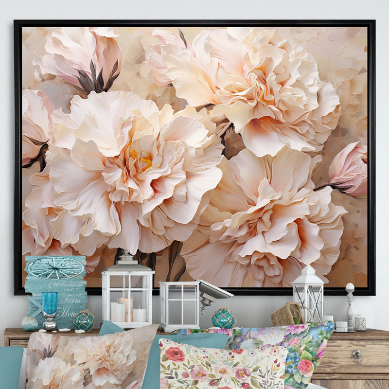 Arrangement d'œillets beige I sur toile, H 34 po x l 44 po x P 1,5 po, Cadre flottant noir