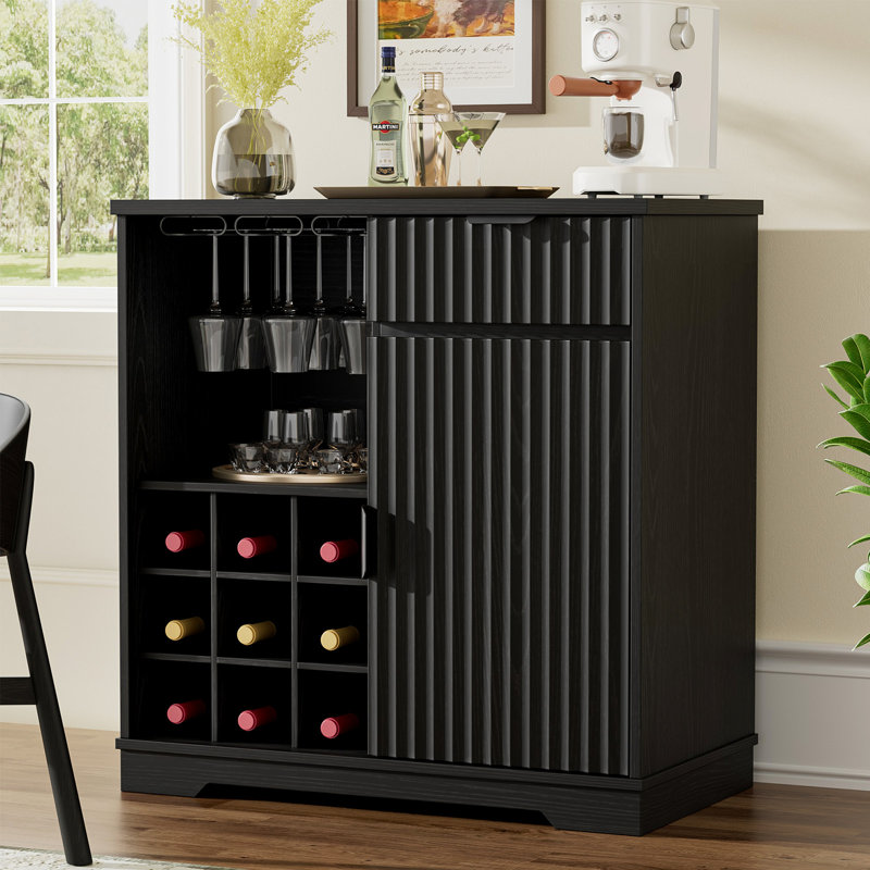 Fluted Coffee Bar Cabinet, Modern Liquor Cabinet With Glass Holder & Wine Rack, Wine Bar Cabinets With Storage, Buffet Sideboard For Living Room, Kitchen, Dining Room, Black