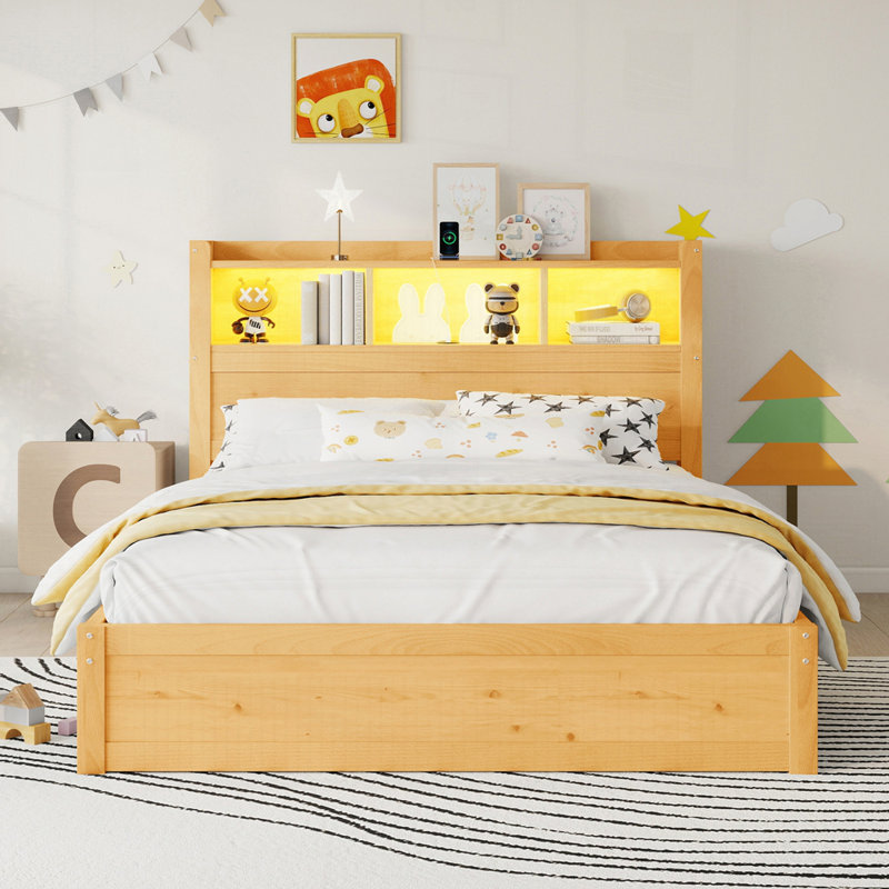 Lit avec tête de lit et armoire de rangement escamotable, Naturel, Lit double