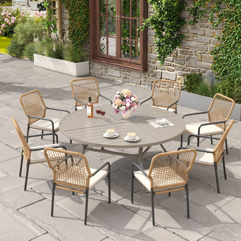 9-Pieces Patio Round Outdoor Dining Set With Rattan Armchair, Cream