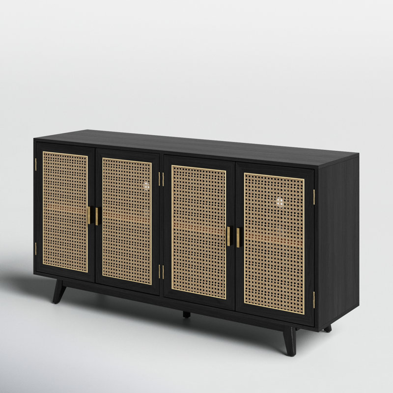Meuble télé en bois manufacturé de 56,8 po de largeur, Noir, noir, noir, noir