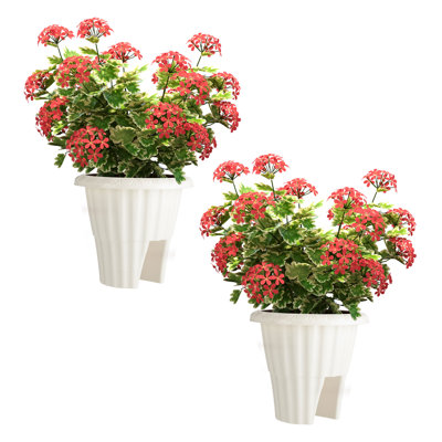 Ensemble de 2 boîtes à fleurs pour rampe - Pots à fleurs ronds de 13,5 po avec bonde de drainage - Jardinières d'extérieur 2,64 gallons pour balustrades de porche, de terrasse, de clôture ou de balcon de 3 po à 3,75 po de largeur par Pure Garden (blanc)