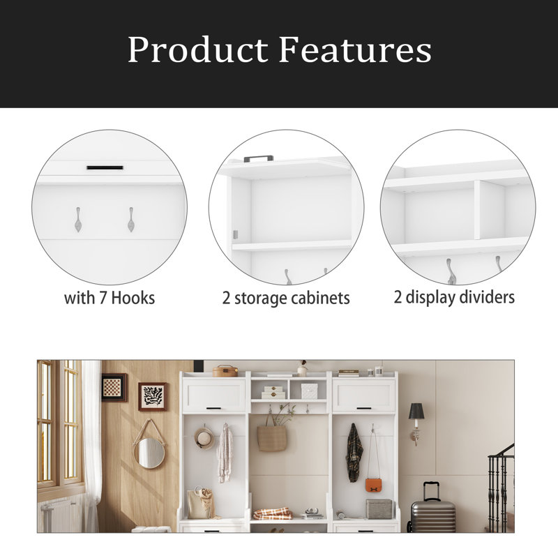4-In-1 Detachable Hall Tree With Storage And 7 Hooks, Multiple Functions Hallway Coat Rack With Storage Drawers And Cabinet, White Shoe Bench For Entryway Hallway