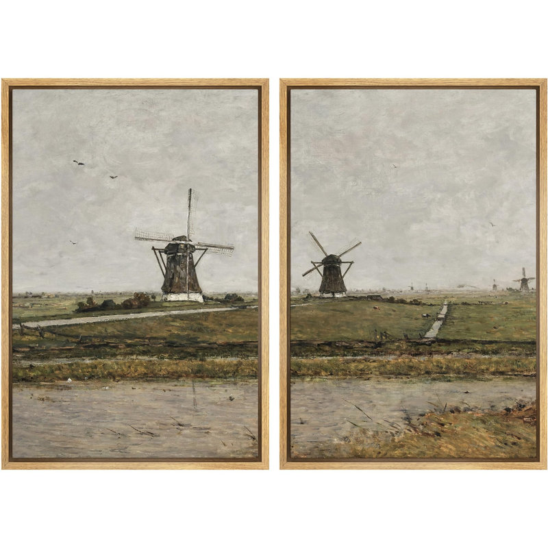 «Rustic Windmills On The Horizon Landscape Landscape», 2 pièces sur toile, Naturel, H 36 po x l 48 po