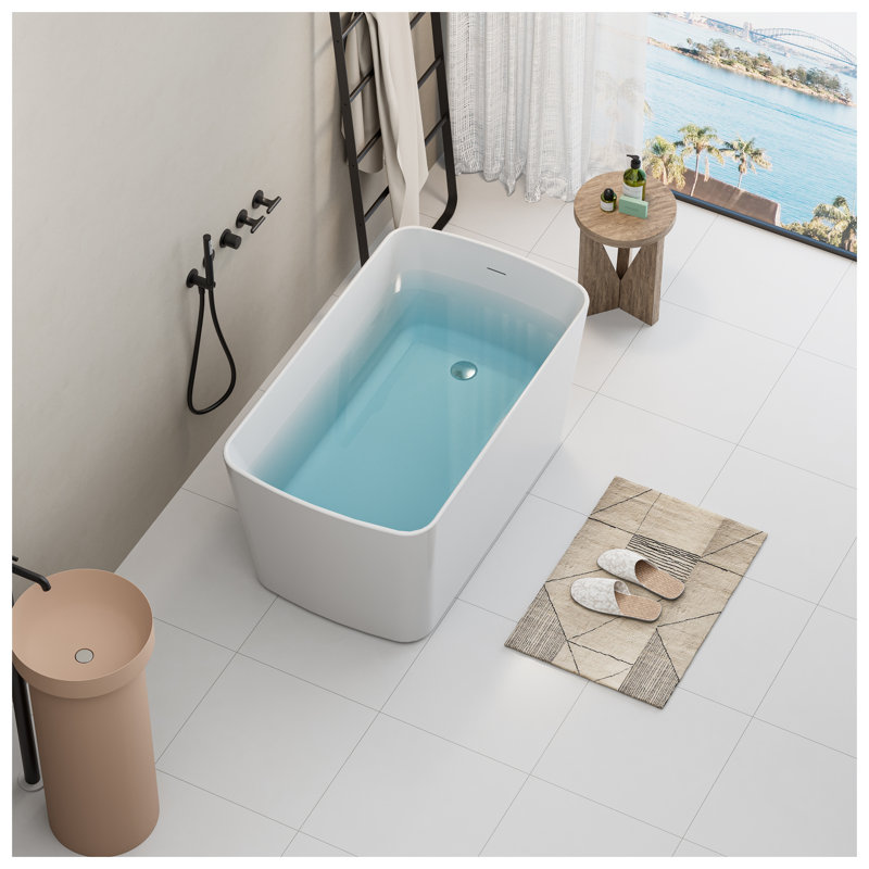 Baignoire balnéo autoportante en acrylique de 124 cm (49 pouces), style japonais carré, avec trop-plein chromé et vidange rapide, blanc brillant