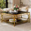 Table basse carrée en verre de 33,5 po, cadre géométrique luxueux, finition dorée et tablette inférieure