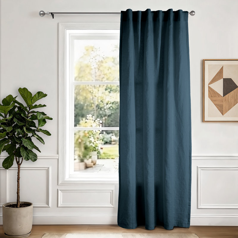 100% French Linen Semi Sheer Back Tab Curtain Panel, Navy, 50" W x 84" L