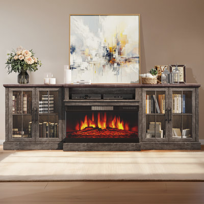 Meuble télé de style ferme de 250 cm avec foyer de 90 cm pour salon, centre multimédia avec étagères réglables et grands placards de rangement, compatible avec les téléviseurs jusqu'à 254 cm.