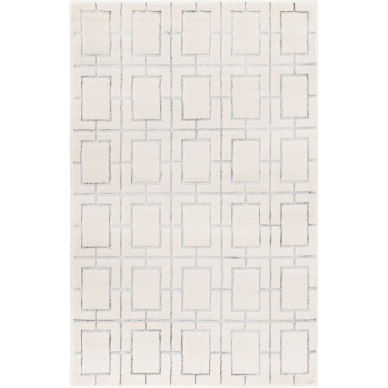 Glam Geometric White Silver Area Rug, Rectangle 4'1" x 6'1"