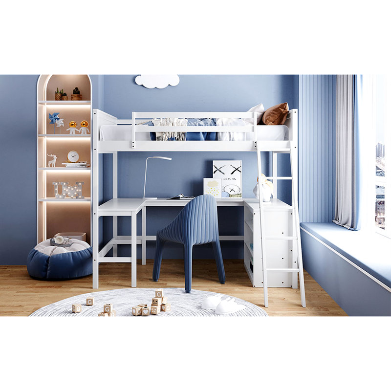 Lit mezzanine double avec tablettes et bureau en blanc, optimisez votre utilisation de l'espace, construction en bois de pin, idéal pour étudier et dormir sur des tablettes en bois blanc, améliorer la fonctionnalité de mise à niveau de l'utilisation,