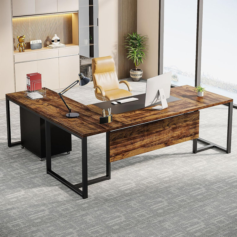 Rohima L-Shape Executive Desk with Storage Cabinet, Rustic Brown/Black
