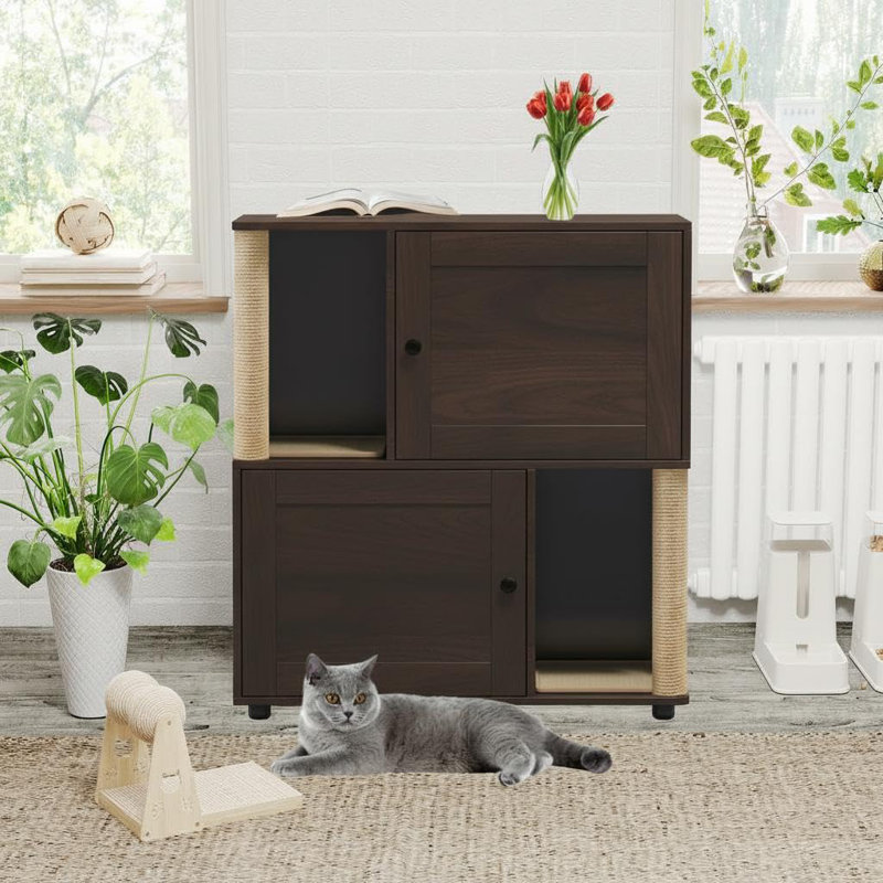 Double bac à litière pour chat avec poteaux à griffer et tapis de litière intégré, grand bac à litière caché 2-en-1 pour deux chats