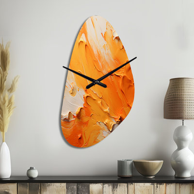 Tangerine Tango I - Landscapes Asymmetrical Metal Wall Clock, Yellow Irregular Shape Clock Print