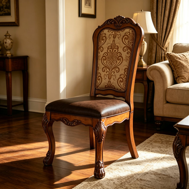 Chaise de salle à manger vintage en bois massif brun sculpté à haut dossier