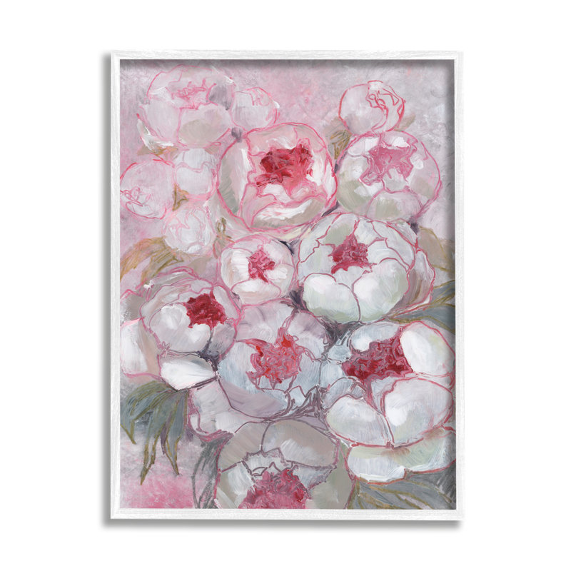 «Pink Outline Peony Blooms Abstract» par Blursbyai - peinture à cadre flottant sur bois, H 14 po x l 11 po x P 1,5 po, Blanc