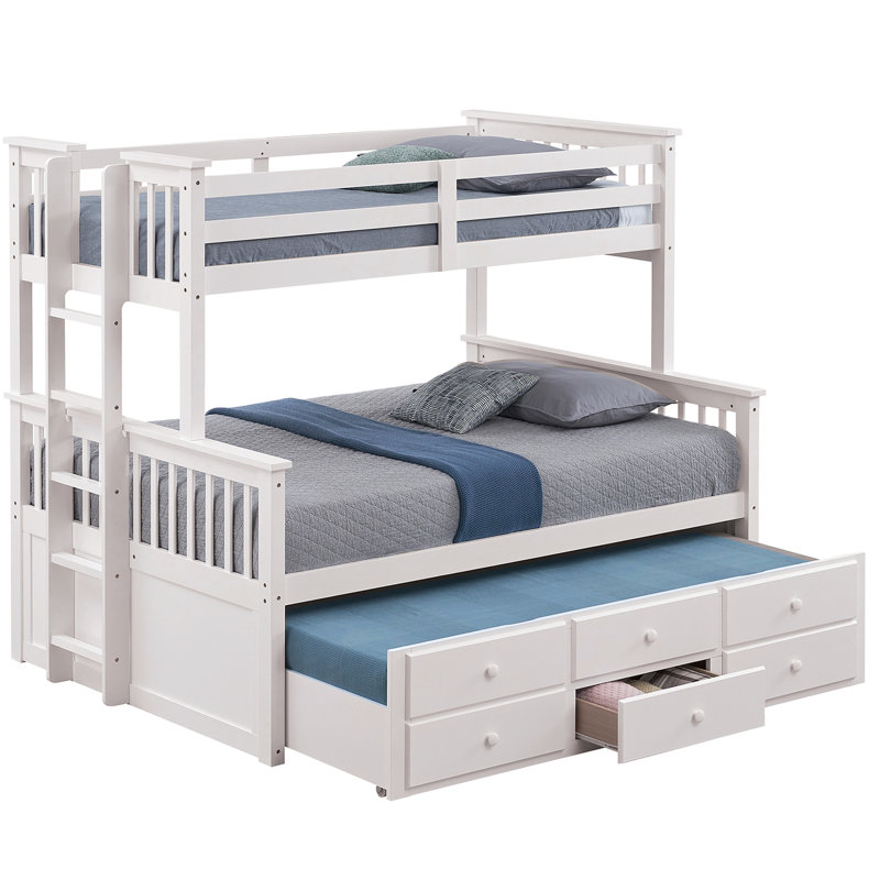 Lit superposé transitionnel simple au-dessus d'un lit double avec apparence blanche, 3 tiroirs latéraux et sous le lit, système de fabrication en bois massif d'ingénierie, système d'insertion et de verrouillage, lit gigogne pour lit de chambre à coucher, options de rangement,