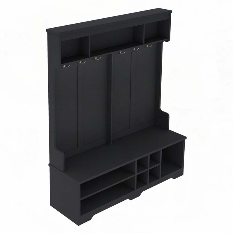 Hallway Hall Tree with Metal Hooks and Storage Space, Black