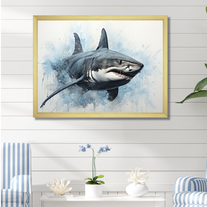 " Minimalism Blue Shark Painting I ", 30" H x 40" W x 1.5" D, Gold Single Picture Framed