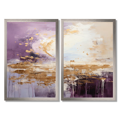 Paysage de montagne mauve et doré - paysages abstraits encadrés, ensemble d'art mural de paysages mauves