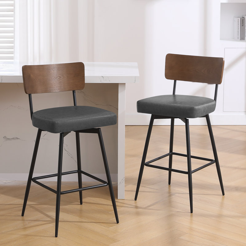 Black Swivel Bar Stools with Wood Back and Metal Legs