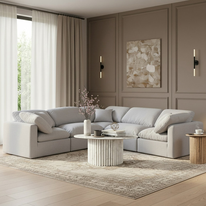 Canapé modulaire en coin 5 pièces Hinami, Tissu gris texturé en lin