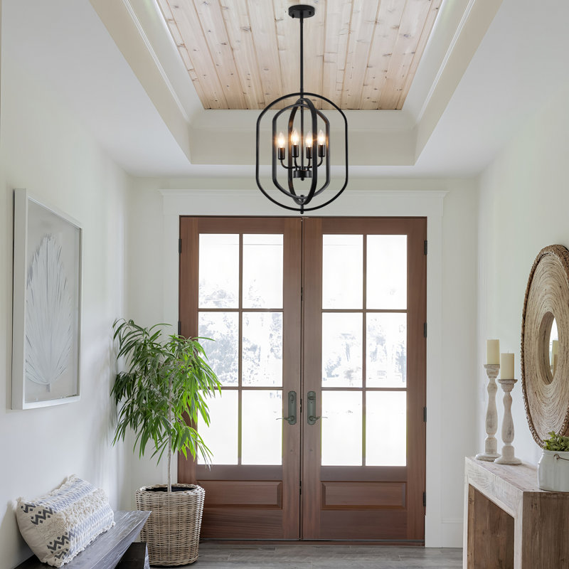 4-Light 16 in. Black Modern Geometric Chandelier Adjustable Lantern Pendant Light Fixture for Dining Room, Matte Black