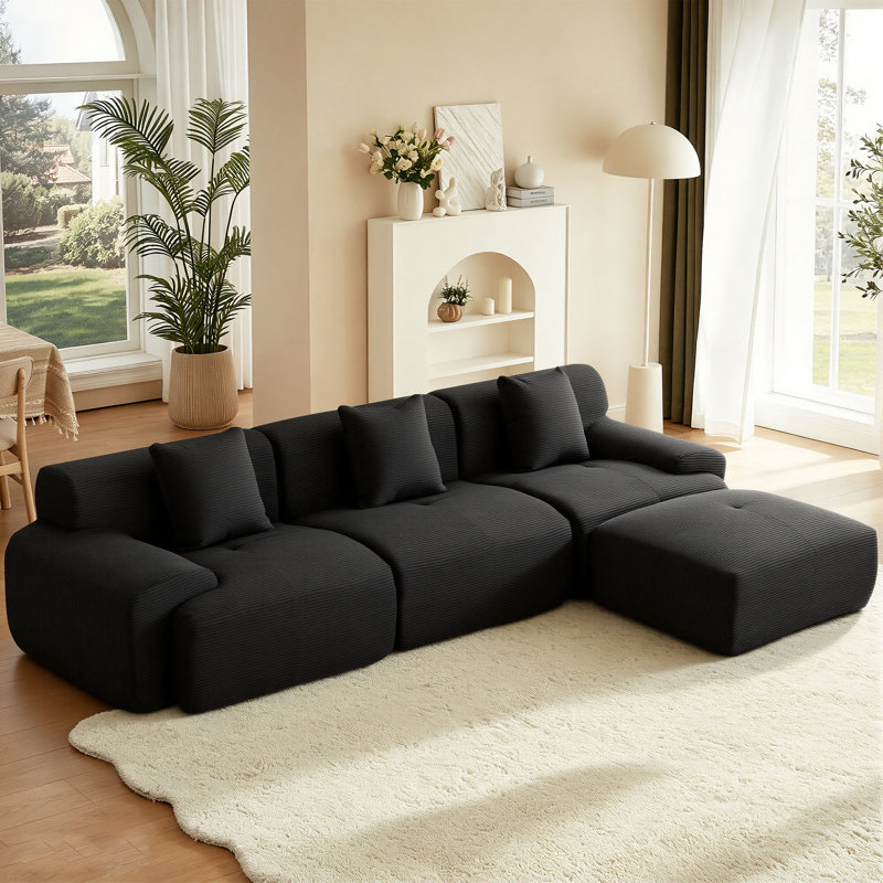 Canapé-lit modulaire convertible en velours côtelé 107 po avec repose-pieds 107 po Modern, 107" W, Noir