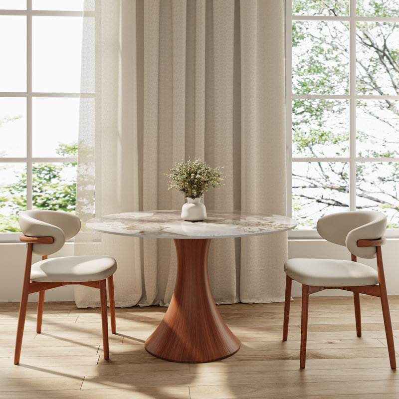 Spiro 3Pcs/5Pcs Mid-Century Modern Round Dining Table Set And 2/4 Upholstered Chairs, 3 Pieces: Table, 2 Chairs, Brown