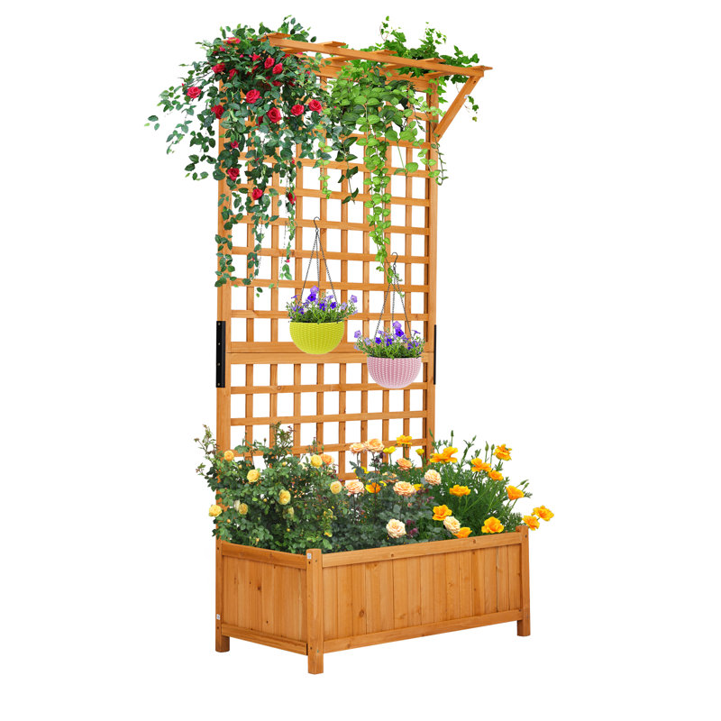 Lit de jardin surélevé en bois 72 po avec toit suspendu et treillis d'escalade