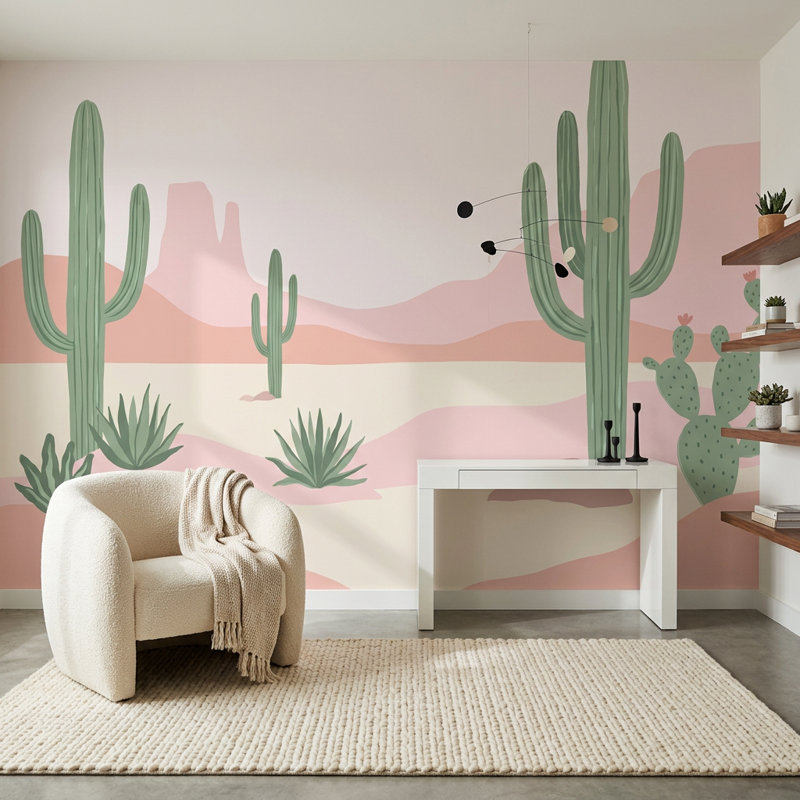 Papier peint paysage désertique rose cactus Saguaro, 140 po x 108 po, Non tissé