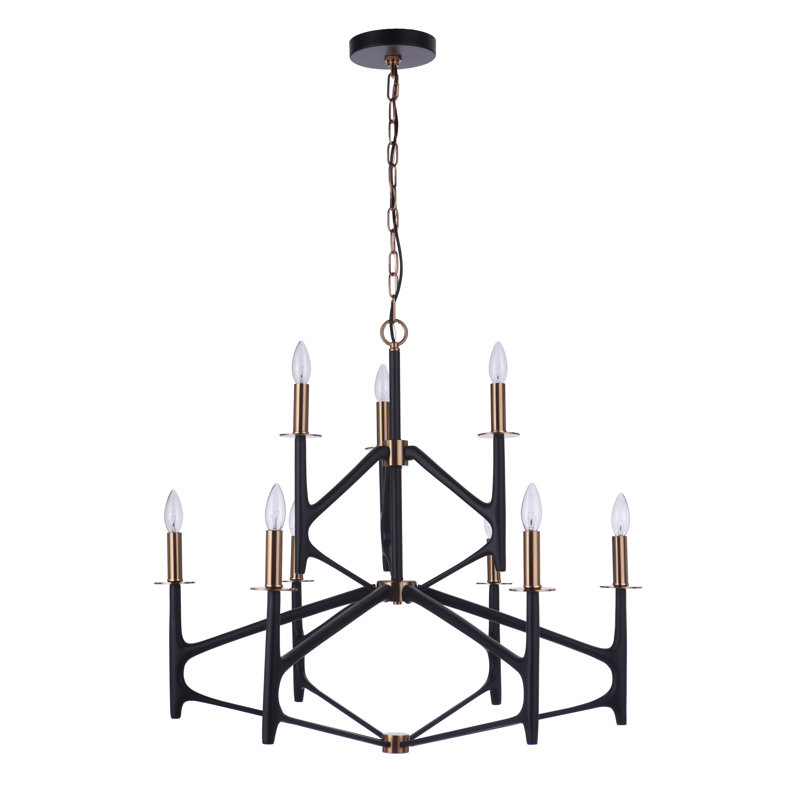 Lustre à niveaux unique 9 lumières, Noir mat / laiton satiné