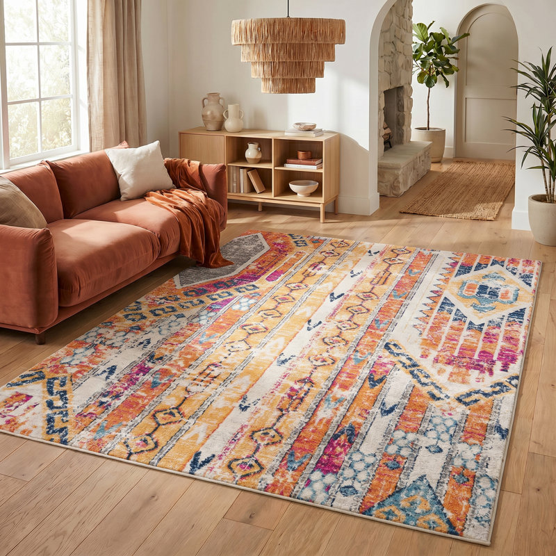 Kymiere Orange and Ivory Southwestern Dhurrie Area Rug, Rectangle 7'9" x 10'9"