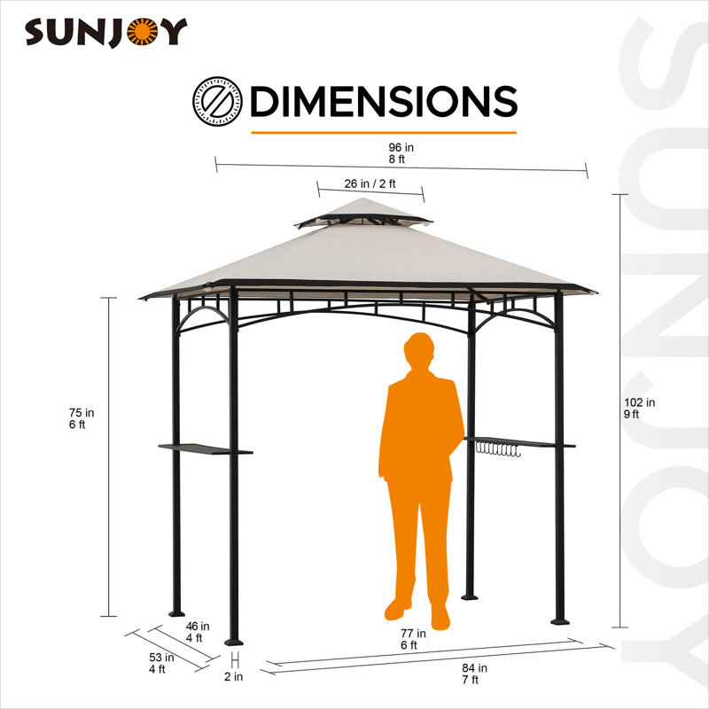 Sunjoy 8 ft. x 5 ft. Black Steel Frame Double Tiered Canopy Grill Gazebo for Outdoor, Patio, Garden, and Backyard Activities