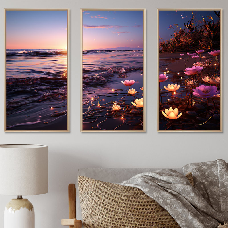 Coucher de soleil floral sur la plage Flourish III - art mural plage, Cadre flottant brun, H 28 po x l 36 po