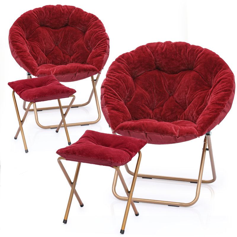 Cozy Saucer Chairs with Footrest Ottoman, Foldable Papasan Chairs Lounge Chairs for Bedroom Living Room, Burgundy Red