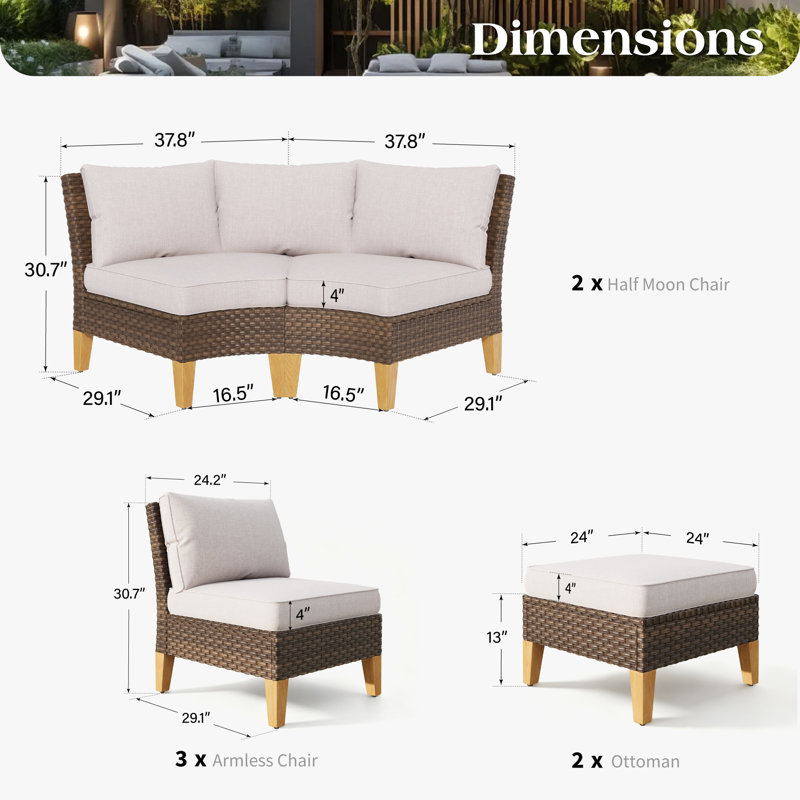Shutesbury Wicker Outdoor Patio Conversation Furniture Sectional Set with Cushions, Beige