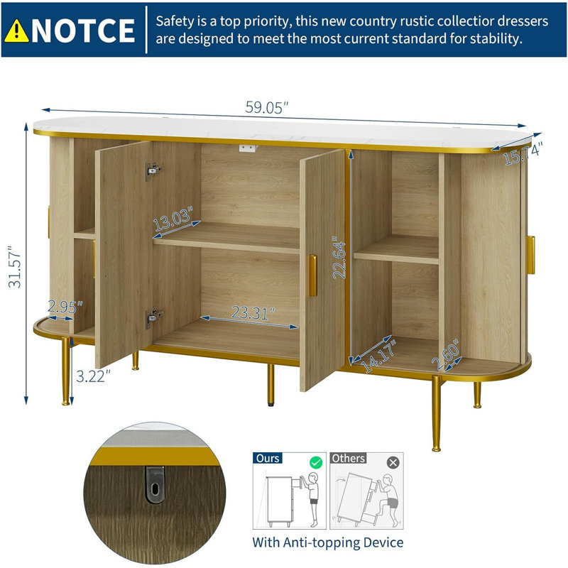 Buffet 50 po moderne avec rangement, console de bar Mid-Century cannelée avec plateau en faux marbre, portes coulissantes à profil courbé pour la cuisine, le salon et le vestibule