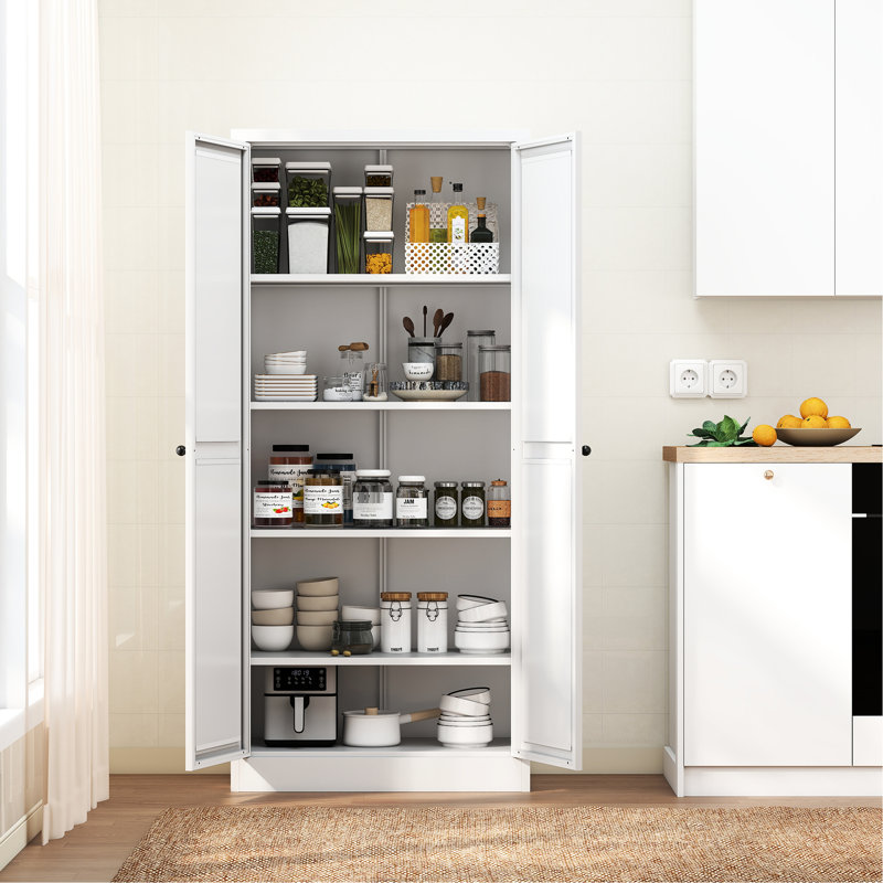 Unité de rangement pour garde-manger de 61 po en métal blanc, 4 tablettes réglables, 110 lb par tablette, outil à installer, facile à nettoyer, peu encombrant dans les armoires de cuisine, capacité de 110 lb, robuste, assemblage de 30 minutes, ventilé