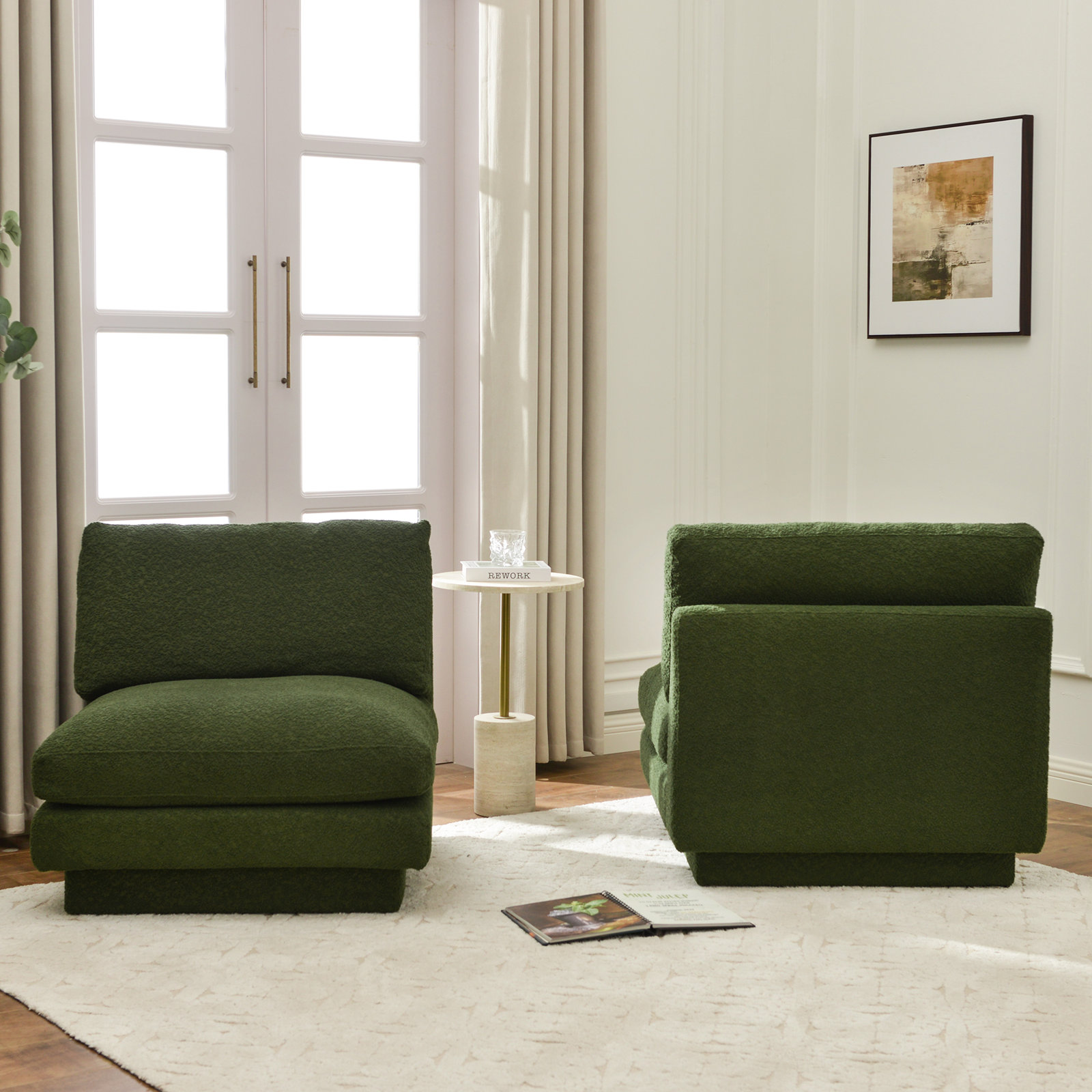 Woolf Modern Boucle Upholstered Slipper Chair (Set of 2), Green Boucle