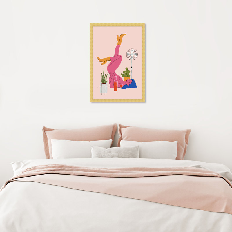 Rose, pose - peinture, H 24 po x l 16 po, Papier avec cadre doré