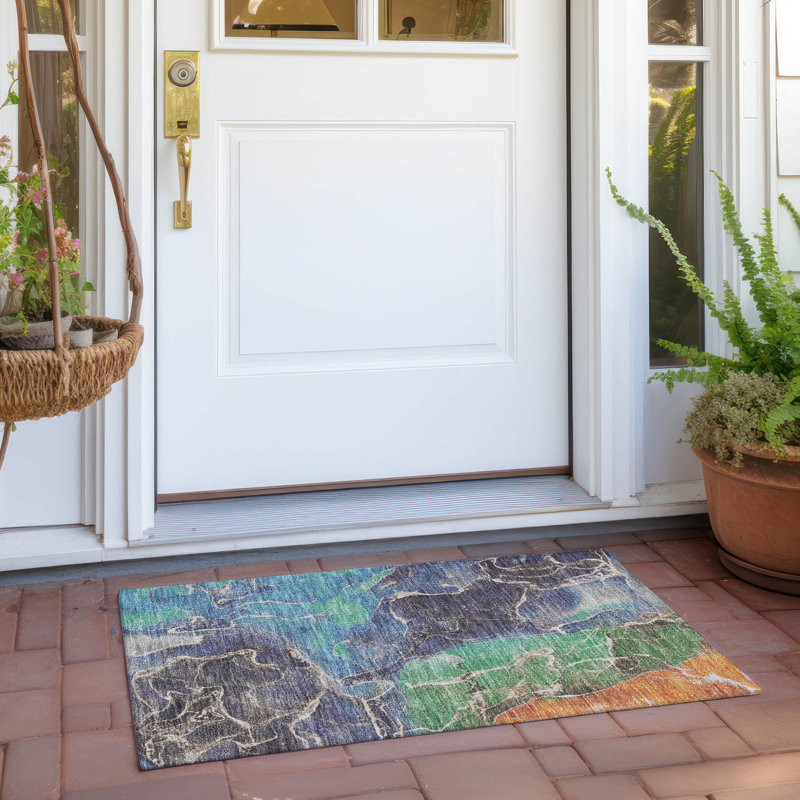Machine Washable Indoor/Outdoor Xhevrie Blue Rug, Rectangle 1'8" x 2'6"