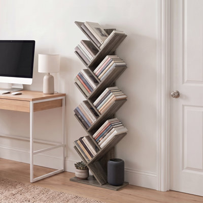 Étagère Nickeya à 9 niveaux, bibliothèque Nickeya pour la décoration de la pièce, 21,3 x 40 x 129 cm, idéale pour le salon, la chambre ou le bureau, en chêne gris.