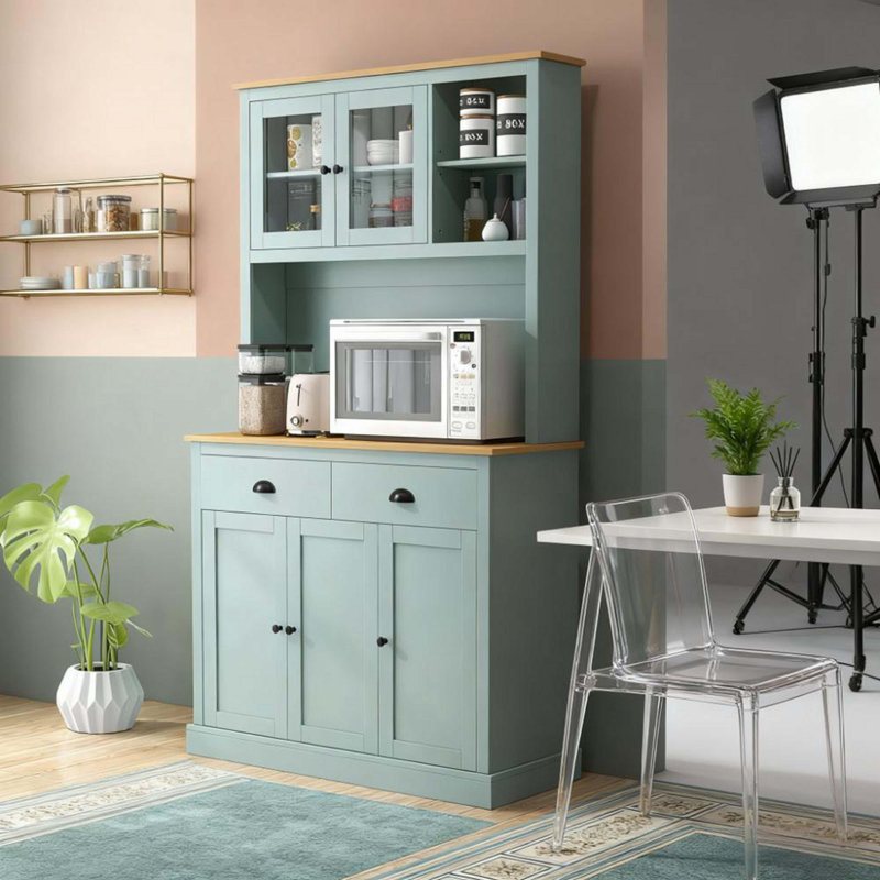 Buffet de cuisine autoportant avec huche et tiroirs bleu clair Pantry
