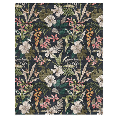Rayna Thea Black Green Ivory Pink Machine Washable Bold Floral Indoor Area Rug, Flat Pile & Slip-Resistant for Living Room & Bedroom - Black, 5x7
