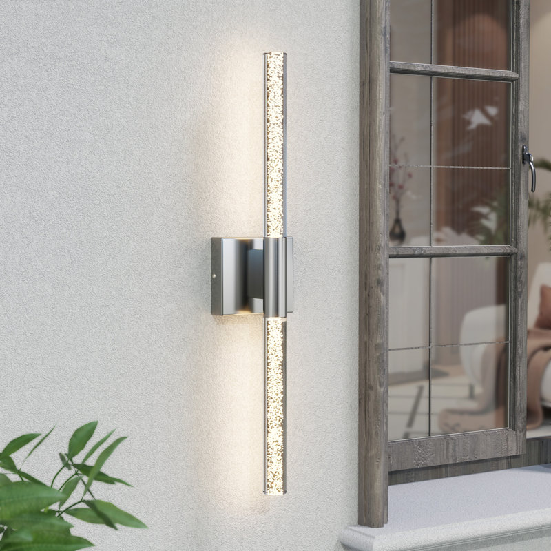 1 - Light 24'' Dimmable LED Nickel Iron Outdoor Sconce with Seeded Glass, Polished Nickel