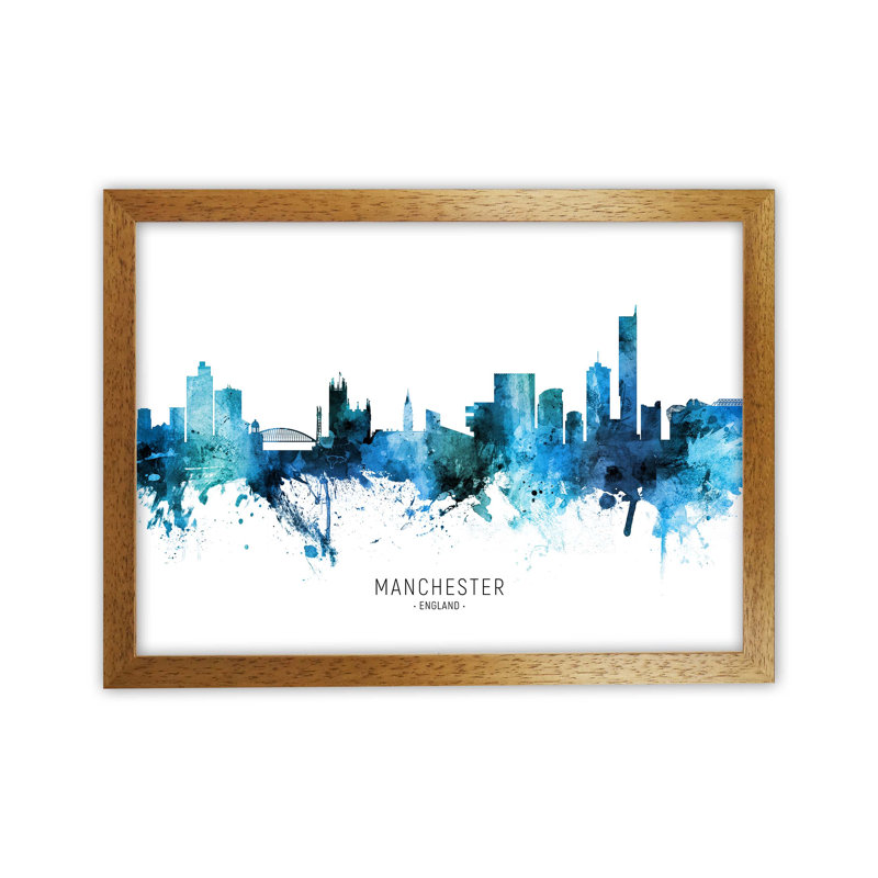 Manchester England Skyline Blue City Name by Michael Tompsett - Print, 25cm H x 34cm W x 3cm D, Oak Framed