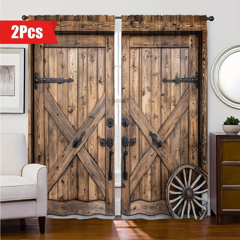 2Pcs Rustic Barn Door Curtains Rod Pocket Farmhouse Style Vintage Country Design Window Treatment Panels with Cross Pattern Iron Hardware Decorative Light Filtering for Living Room Bedroom Cabin Home Decor