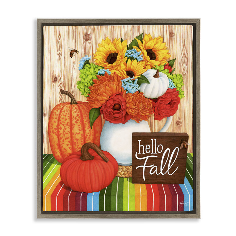 «Hello Fall Rainbow Pumpkins», art mural sur toile par Mardell Schuster, Cadre flottant orme Montalcino, H 31 po x l 25 po
