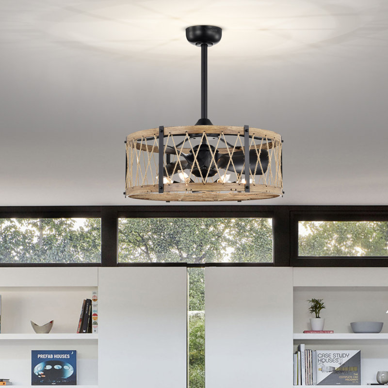 Ventilateur de plafond éclairé 6 pales 3 lumières noir mat et imitation bois Deonne 24 pouces avec télécommande Deonne